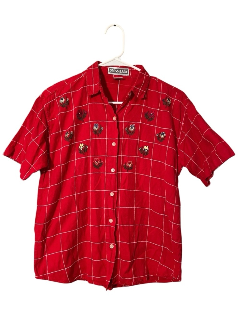 Vintage Dress Barn Womens Sz Medium Button Down Shirt Red White Checkered Floral